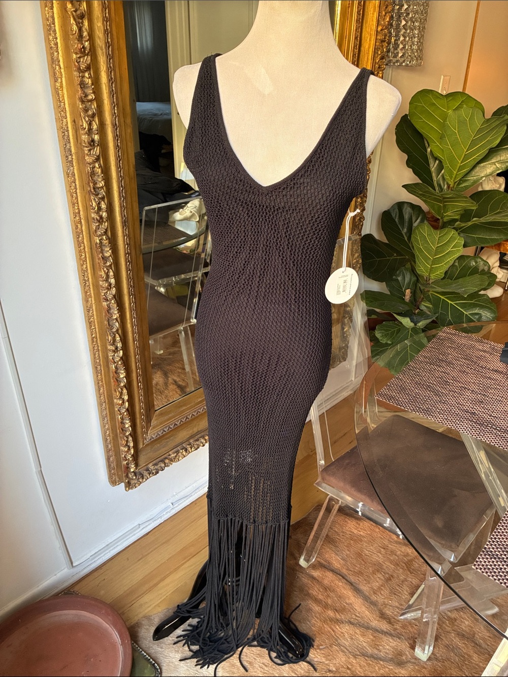 Stayed Cossette Sleeveless Black Crochet Fringe Maxi Dress size m nwt